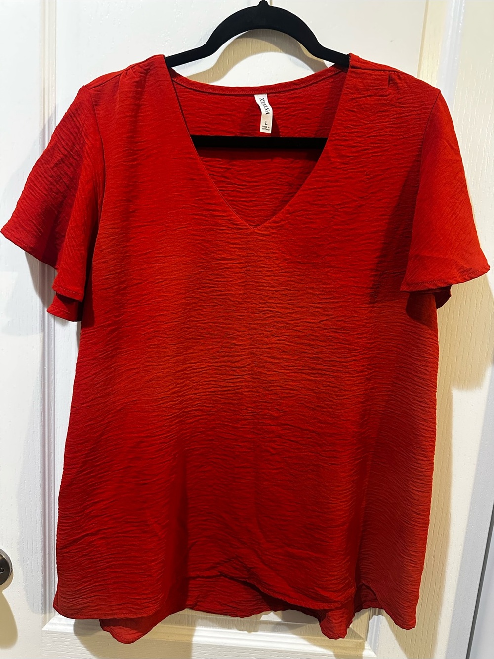 Zenana Outfitters Red V-Neck Flutter Sleeve Blouse